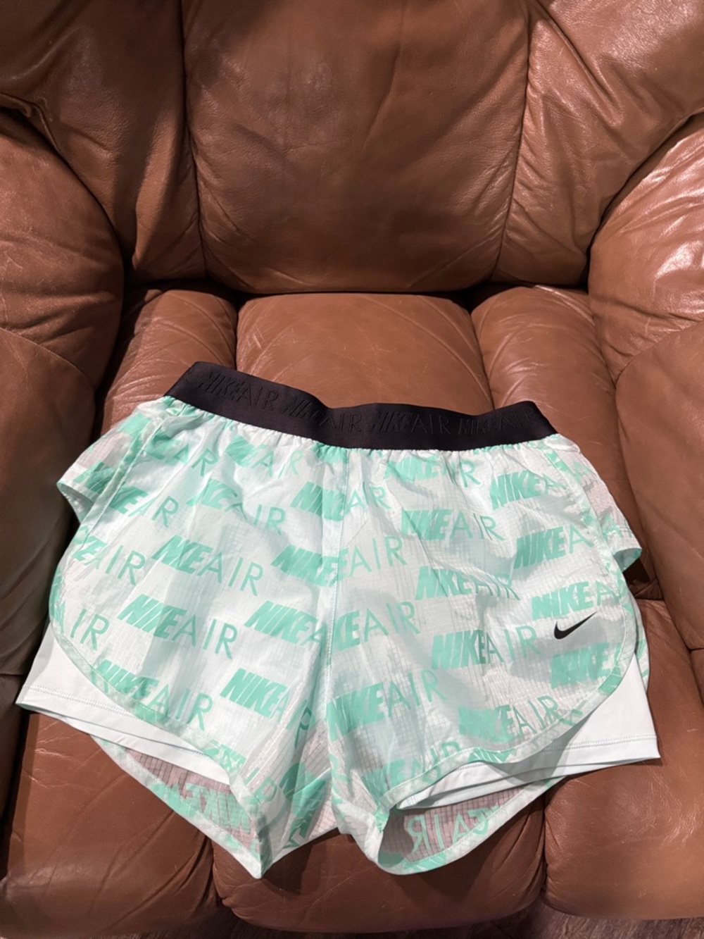 Nike Women’s Mint Green Logo Print Athletic Shorts with Black Waistband